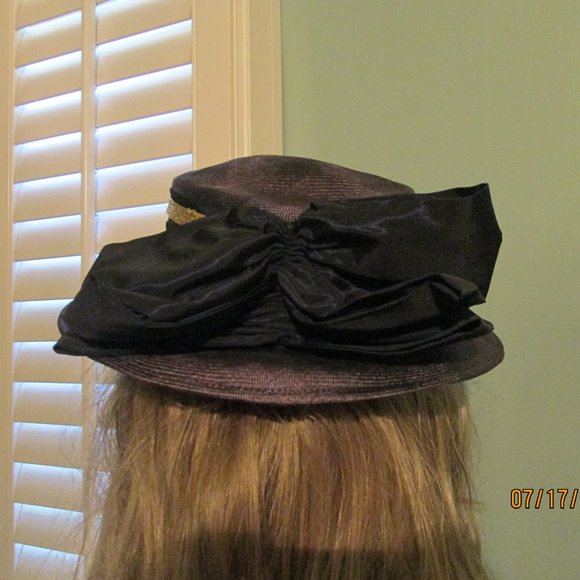 Eric Javits Black Straw Hat Gold Trim Bow Back main image 10